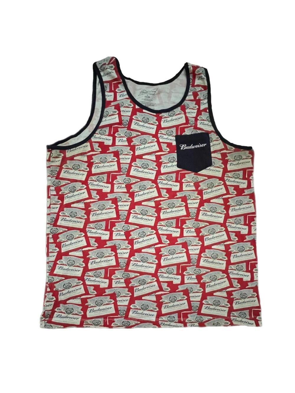 Budweiser Tank Top Red All Over Logo Print Chest Pocket Size L 42/44